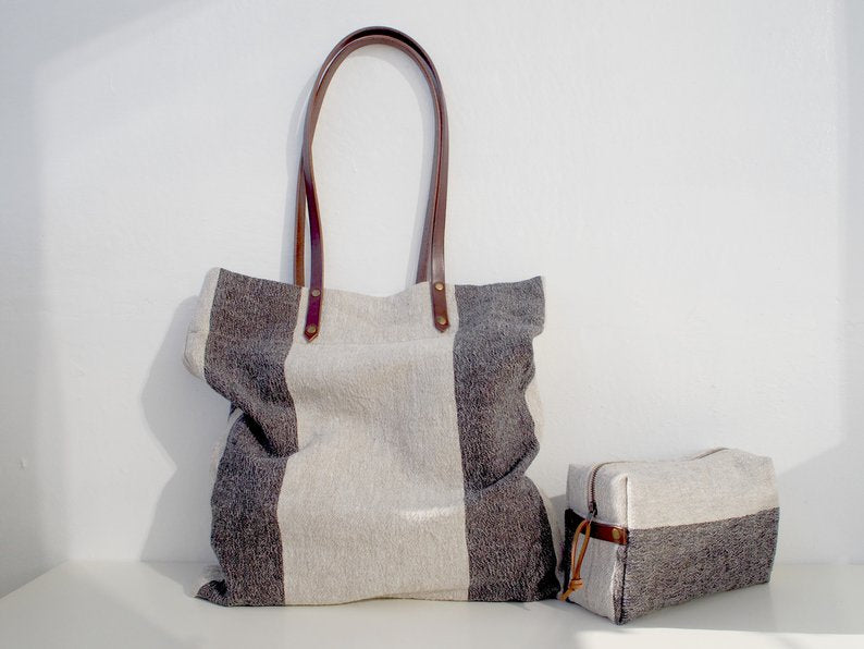 Linen Wash Bag (L) - Black Big Stripe