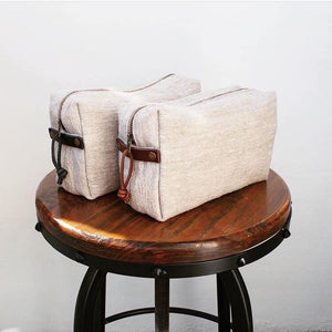 Linen Wash Bag (L) - Plain / Black Leather