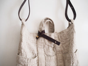 Washable Linen Tote Bag with Brown Leather Strap