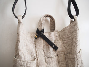 Washable Linen Tote Bag with Black Leather Strap