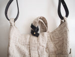 Washable Linen Tote Bag with Black Leather Strap