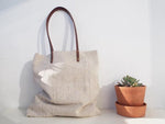 Linen Tote Bag - Plain / Brown Leather Handle