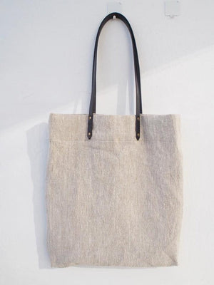Linen Tote Bag - Plain / Black Leather Handle