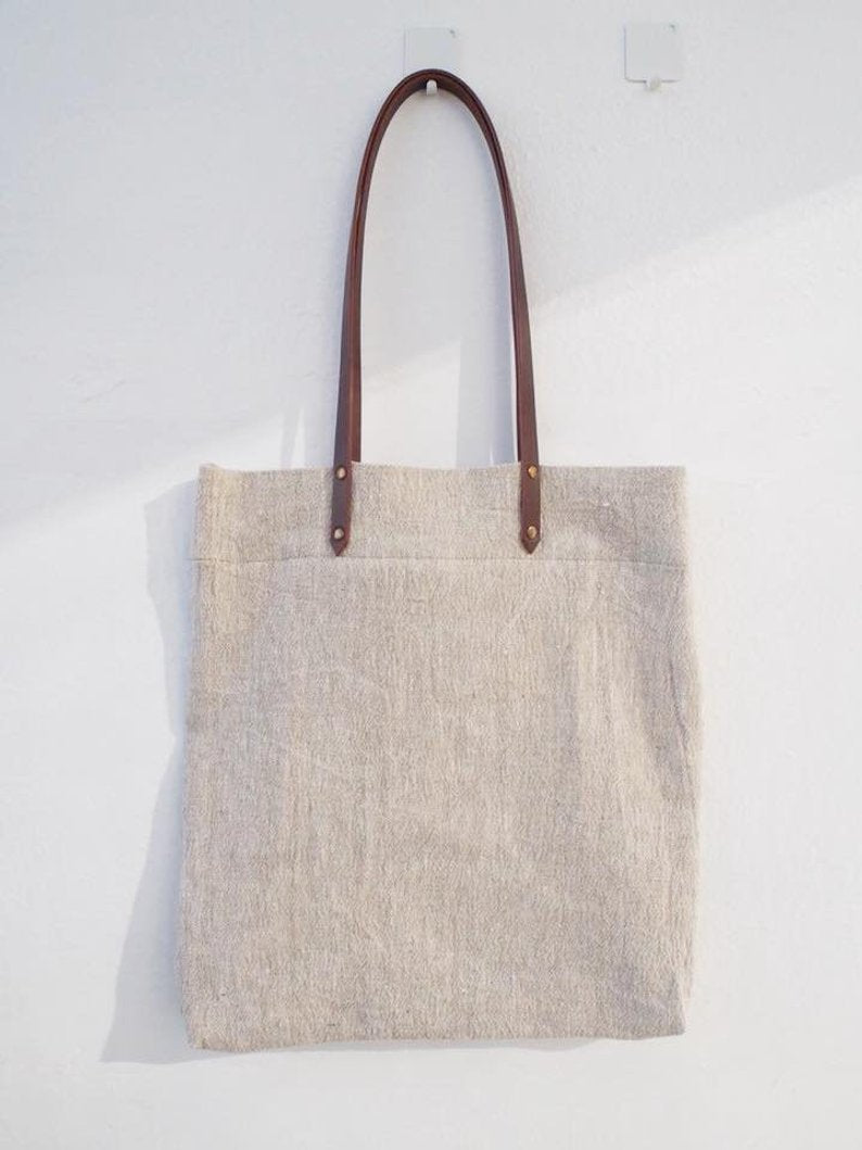 Linen Tote Bag - Plain / Brown Leather Handle – abokika