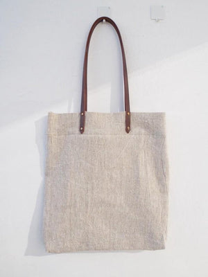 Linen Tote Bag - Plain / Brown Leather Handle