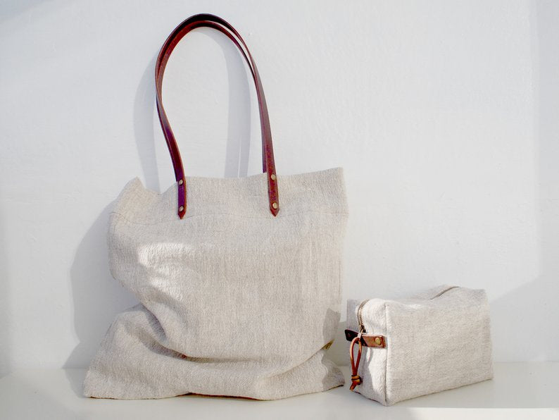 Linen Tote Bag - Plain / Brown Leather Handle