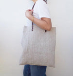 Linen Tote Bag - Plain / Brown Leather Handle