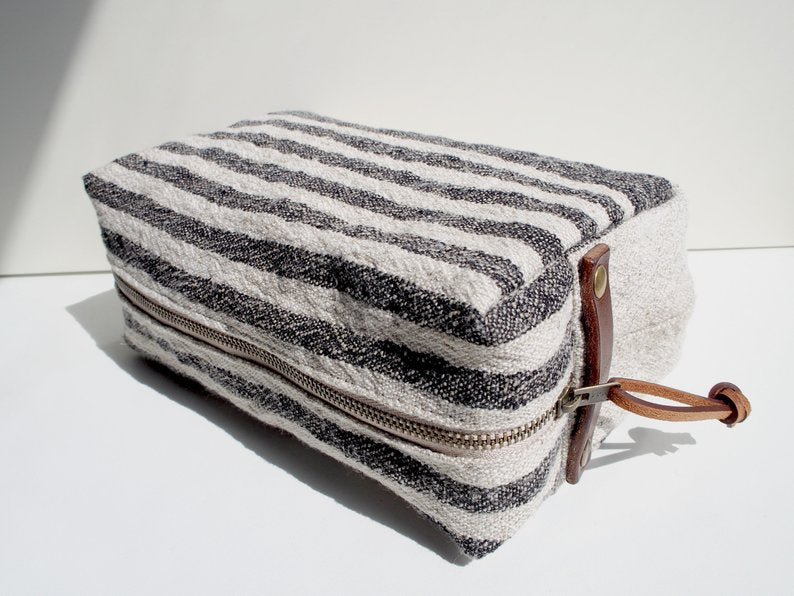 Linen Wash Bag (L) - Black Small Stripe