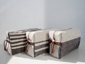 Linen Wash Bag (L) - Black Small Stripe