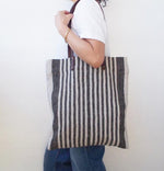 Linen Tote Bag - Black Small Stripe