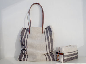 Linen Wash Bag (L) - Black Three Stripe