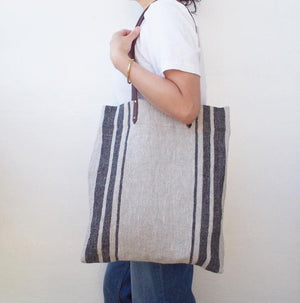 Linen Tote Bag - Black Three Stripe
