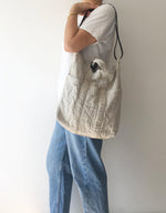 Washable Linen Tote Bag with Black Leather Strap