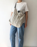 Washable Linen Tote Bag with Black Leather Strap