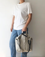 Washable Linen Tote Bag with Black Leather Strap