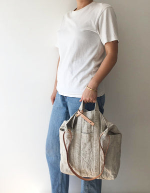 Washable Linen Tote Bag with Natural Leather Strap