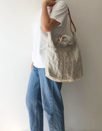 Washable Linen Tote Bag with Natural Leather Strap