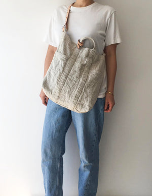 Washable Linen Tote Bag with Natural Leather Strap