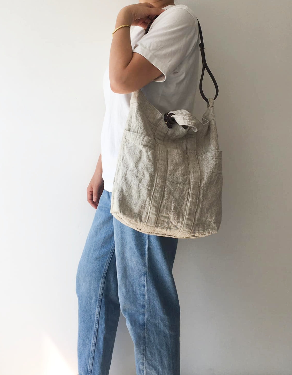 Washable Linen Tote Bag with Brown Leather Strap